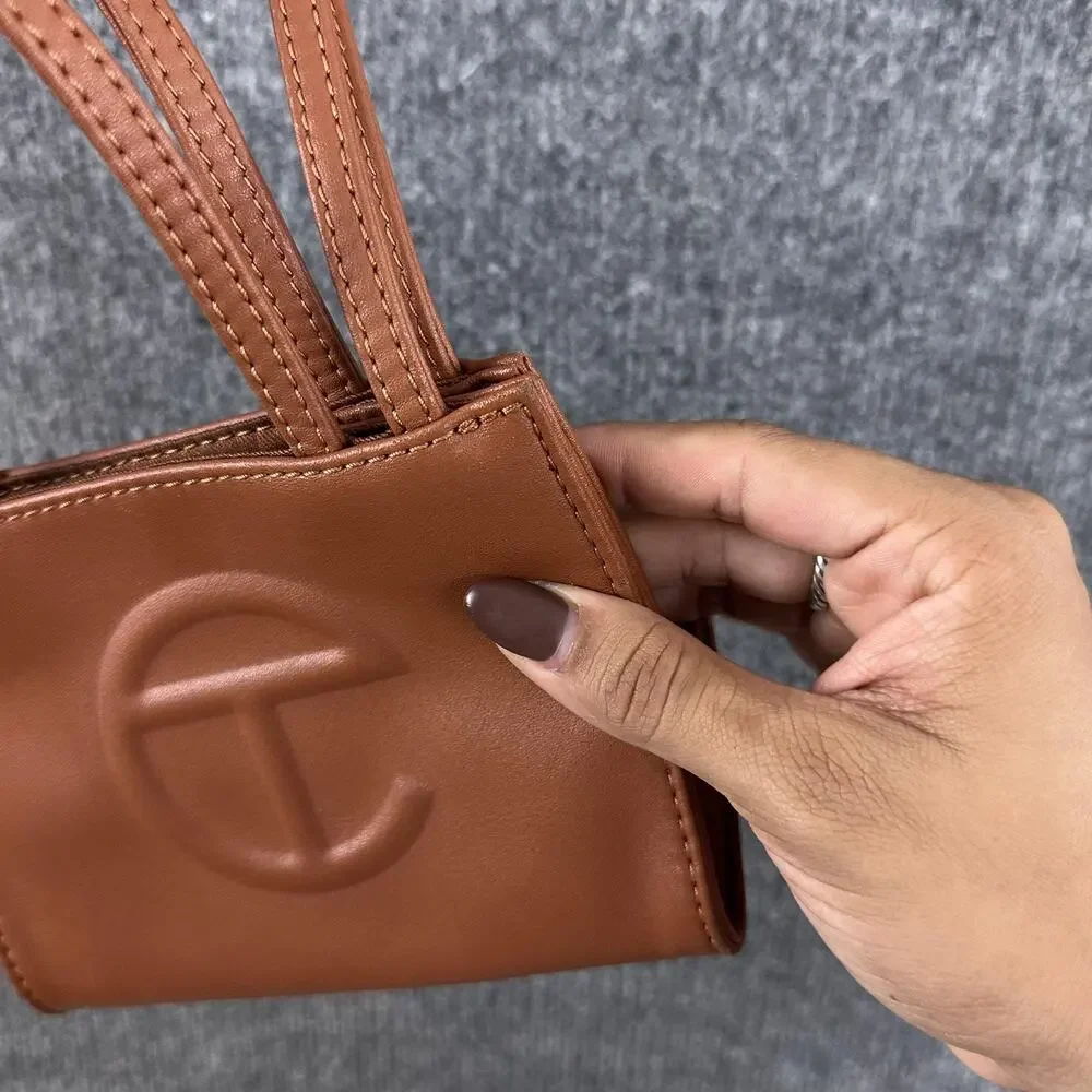 Telfar Small Shopping Bag in Tan Vegan Leather Crossbody Faux Leather Logo Purse